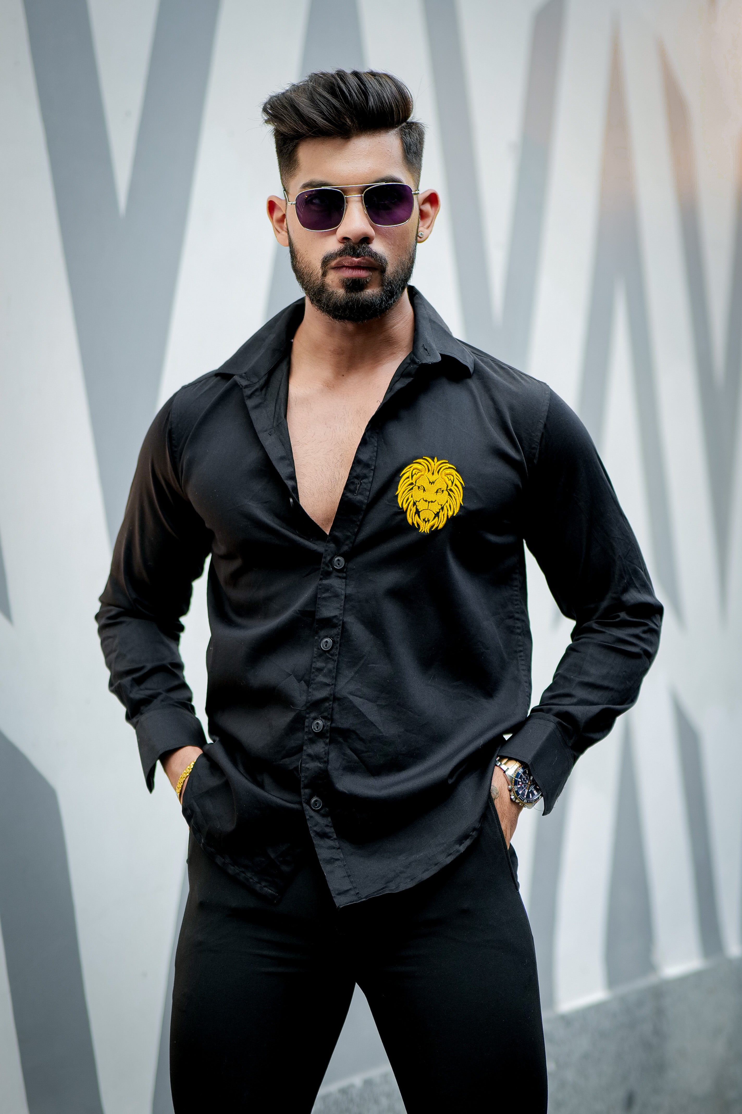 Black lion embroidery premium satin cotton shirt – Trrendo