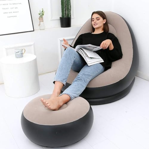 Dhyeraa Inflatable Lounger Set, 2-in-1 Sofa Chair with Footstool, Portable Outdoor Recliner with Air Pump, Multicolor (Khaki)|B0FC2Z2RPX