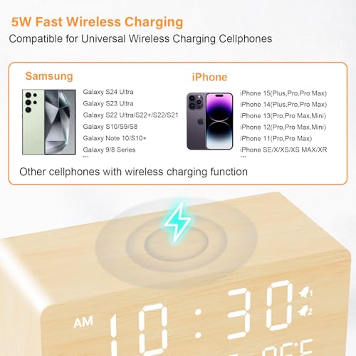 Andoolex Wooden Digital Alarm Clock with Wireless Charging, 0-100% Adjustable Brightness Dimmer and Alarm Volume, Weekday /Weekend Mode, Dual Alarm, Snooze, 12/24H, Wood LED Clock for Bedroom (Bamboo)|B099DZV1H7
