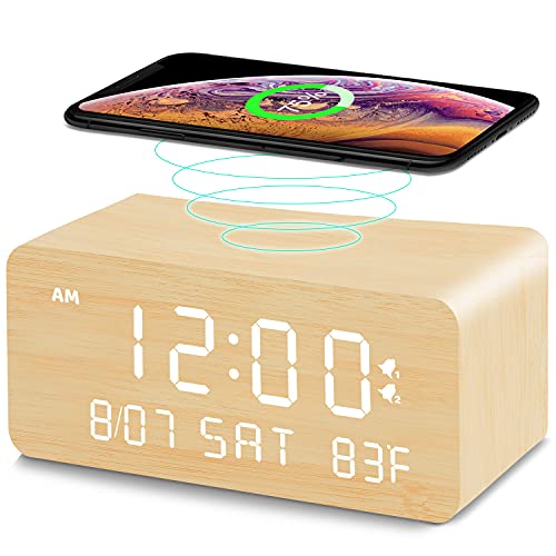 Andoolex Wooden Digital Alarm Clock with Wireless Charging, 0-100% Adjustable Brightness Dimmer and Alarm Volume, Weekday /Weekend Mode, Dual Alarm, Snooze, 12/24H, Wood LED Clock for Bedroom (Bamboo)|B099DZV1H7