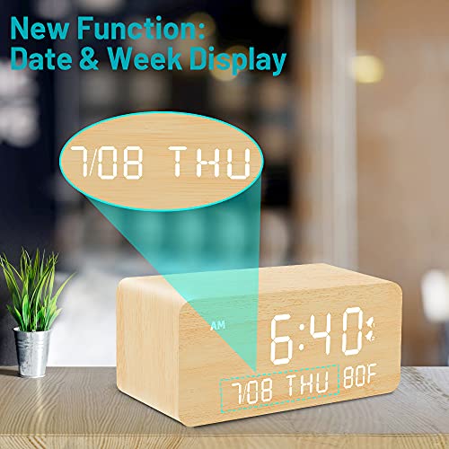 Andoolex Wooden Digital Alarm Clock with Wireless Charging, 0-100% Adjustable Brightness Dimmer and Alarm Volume, Weekday /Weekend Mode, Dual Alarm, Snooze, 12/24H, Wood LED Clock for Bedroom (Bamboo)|B099DZV1H7