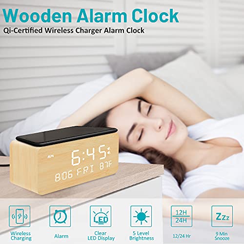 Andoolex Wooden Digital Alarm Clock with Wireless Charging, 0-100% Adjustable Brightness Dimmer and Alarm Volume, Weekday /Weekend Mode, Dual Alarm, Snooze, 12/24H, Wood LED Clock for Bedroom (Bamboo)|B099DZV1H7
