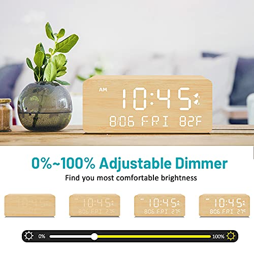 Andoolex Wooden Digital Alarm Clock with Wireless Charging, 0-100% Adjustable Brightness Dimmer and Alarm Volume, Weekday /Weekend Mode, Dual Alarm, Snooze, 12/24H, Wood LED Clock for Bedroom (Bamboo)|B099DZV1H7