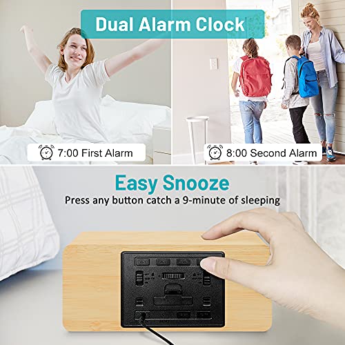 Andoolex Wooden Digital Alarm Clock with Wireless Charging, 0-100% Adjustable Brightness Dimmer and Alarm Volume, Weekday /Weekend Mode, Dual Alarm, Snooze, 12/24H, Wood LED Clock for Bedroom (Bamboo)|B099DZV1H7