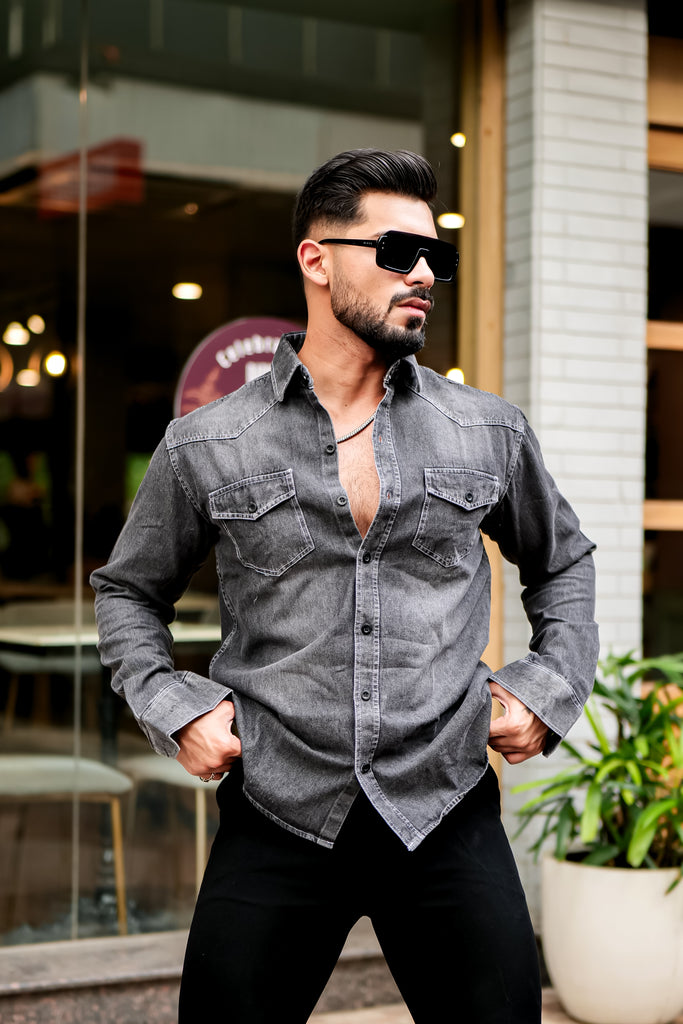 Black Denim Double Pocket Full Sleeve Shirt – Trrendo