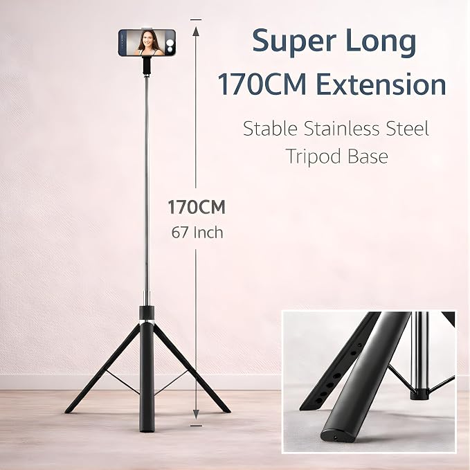 3-in-1 Selfie Stick Tripod with Light – 170CM Extendable Stand for Reels, Vlogs & Photos