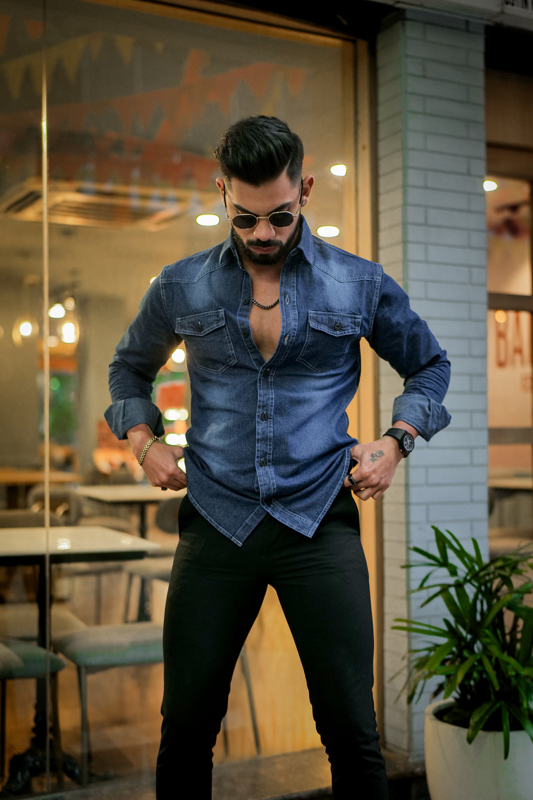 Blue Denim Double Pocket Full Sleeve Shirt