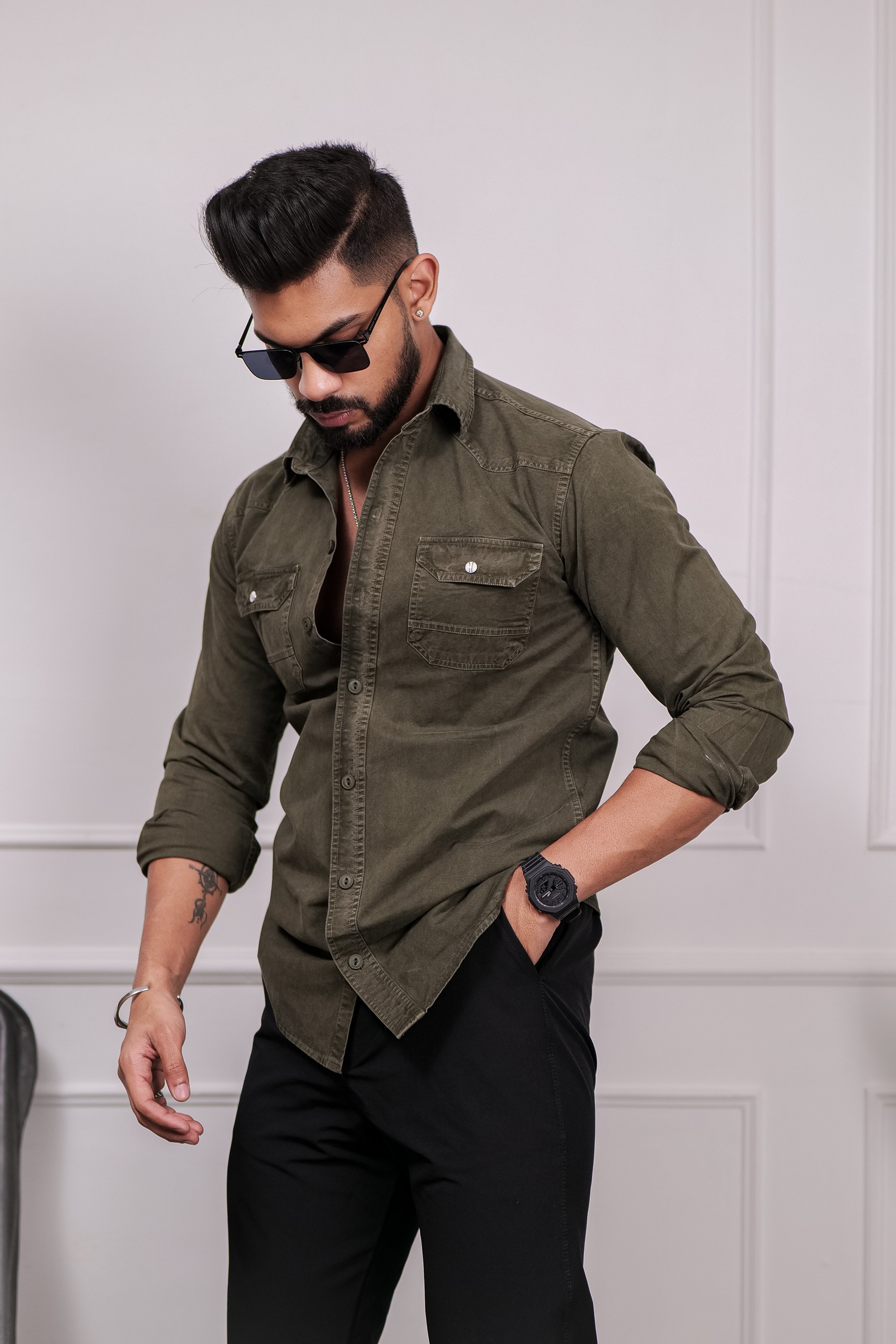 Olive green double pocket sales shirt