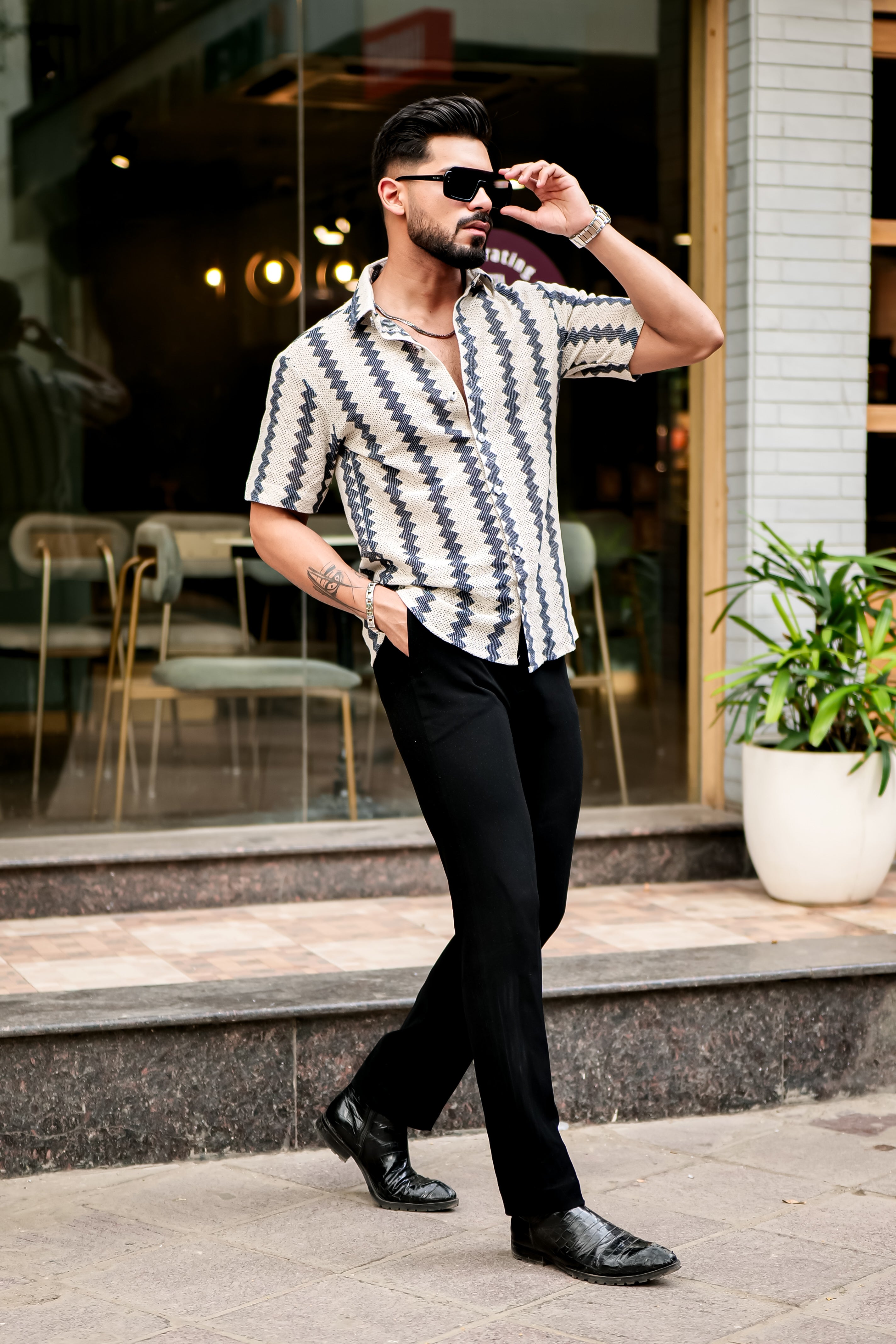 Navy Zig-Zag Stripe Crochet Shirt – Trrendo