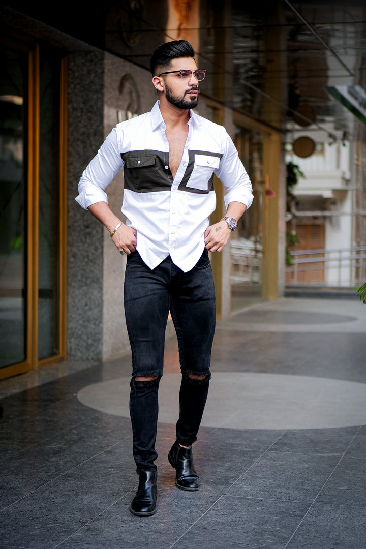 White-Dark Brown Double Pocket Designer Shirt