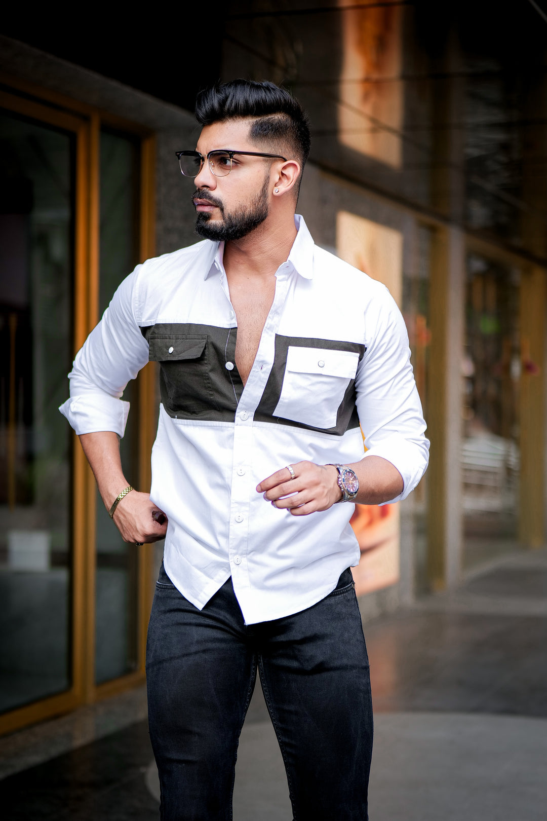 White-Dark Brown Double Pocket Designer Shirt