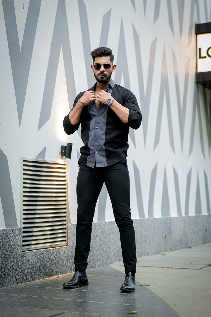 Black-Grey Cotton Full Sleeve Desinger Shirt