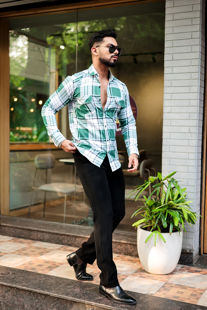 Green Double Pocket Checkered Shirt