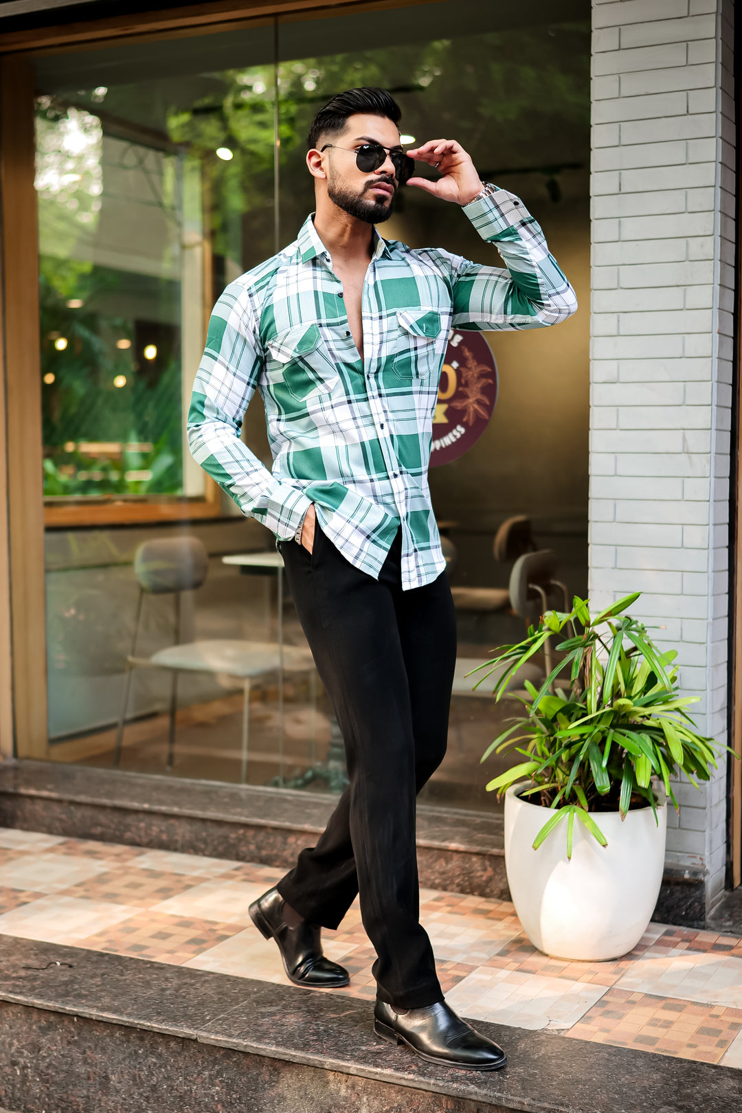 Green Double Pocket Checkered Shirt