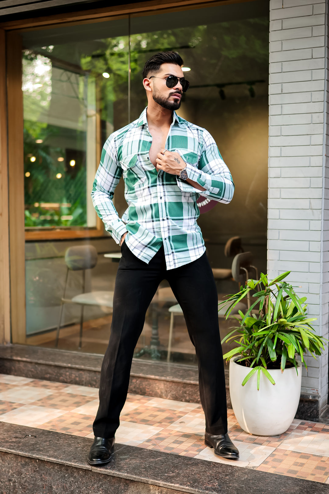 Green Double Pocket Checkered Shirt