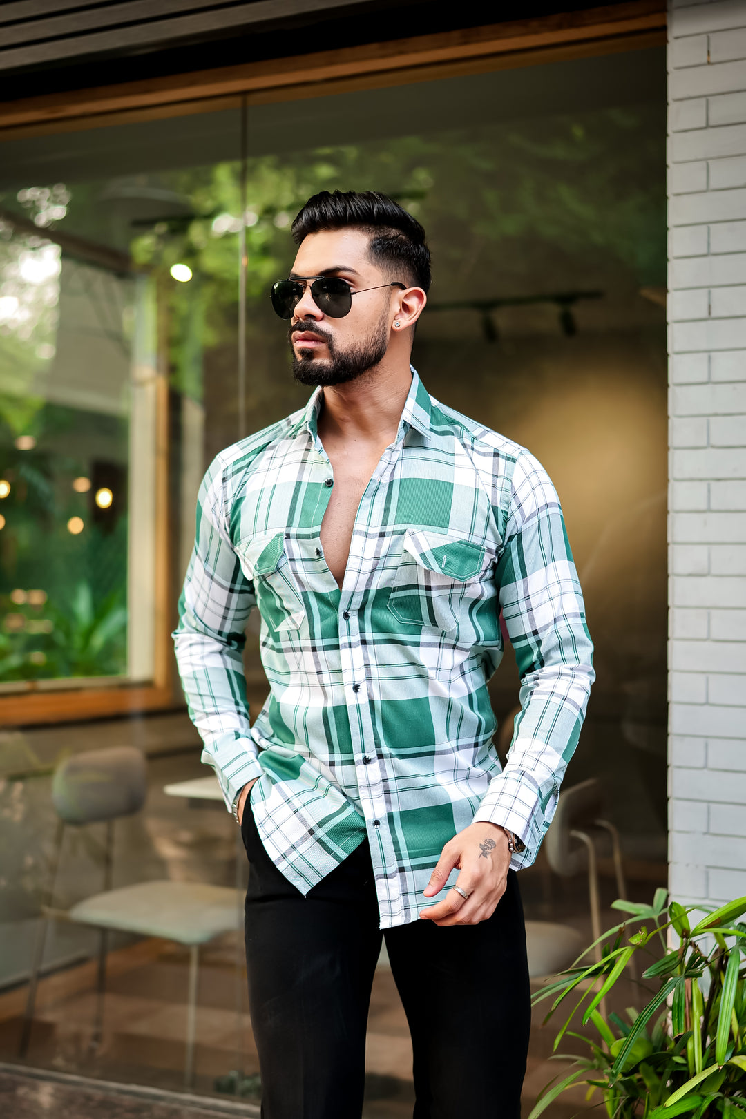 Green Double Pocket Checkered Shirt