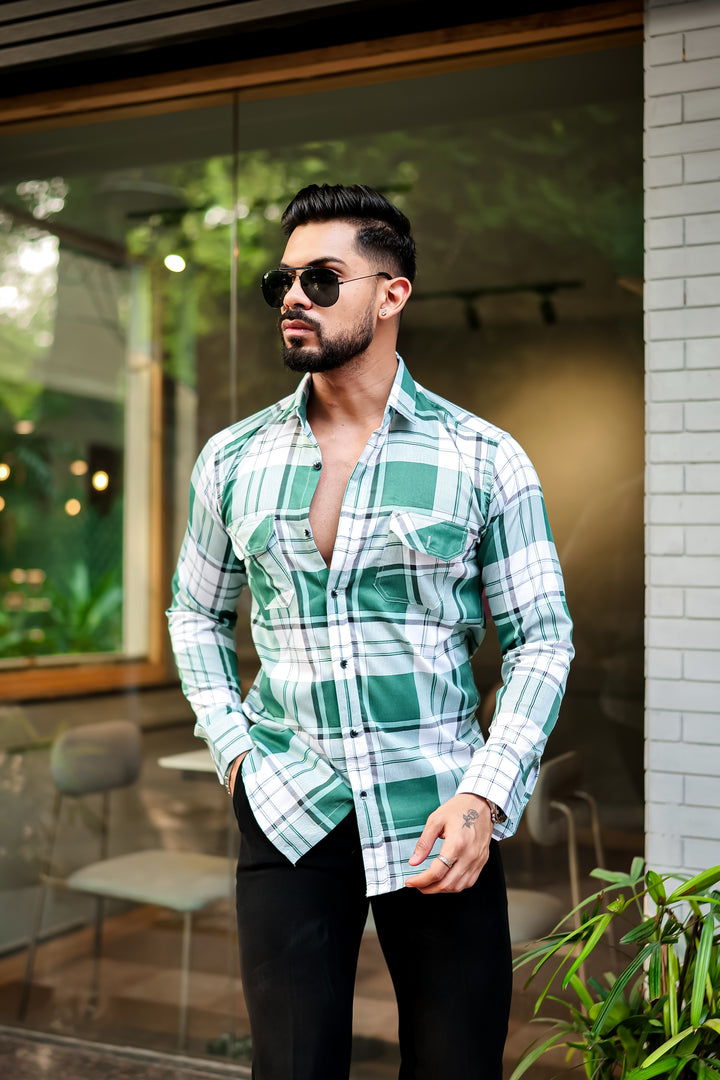 Green Double Pocket Checkered Shirt