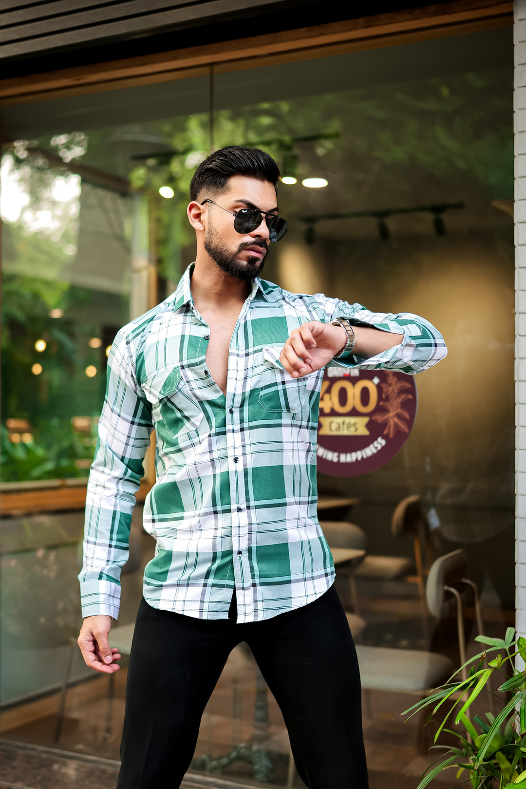 Green Double Pocket Checkered Shirt