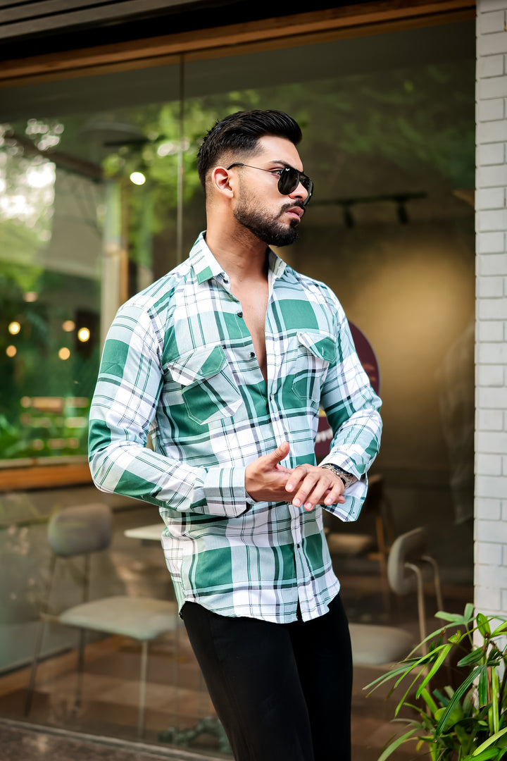 Green Double Pocket Checkered Shirt