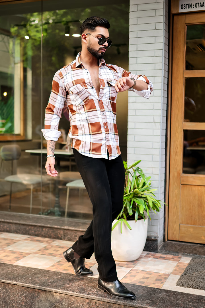 Orange Double Pocket Checkered Shirt