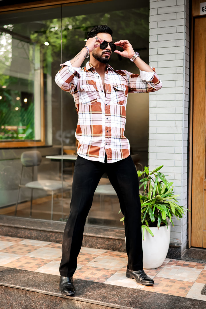 Orange Double Pocket Checkered Shirt