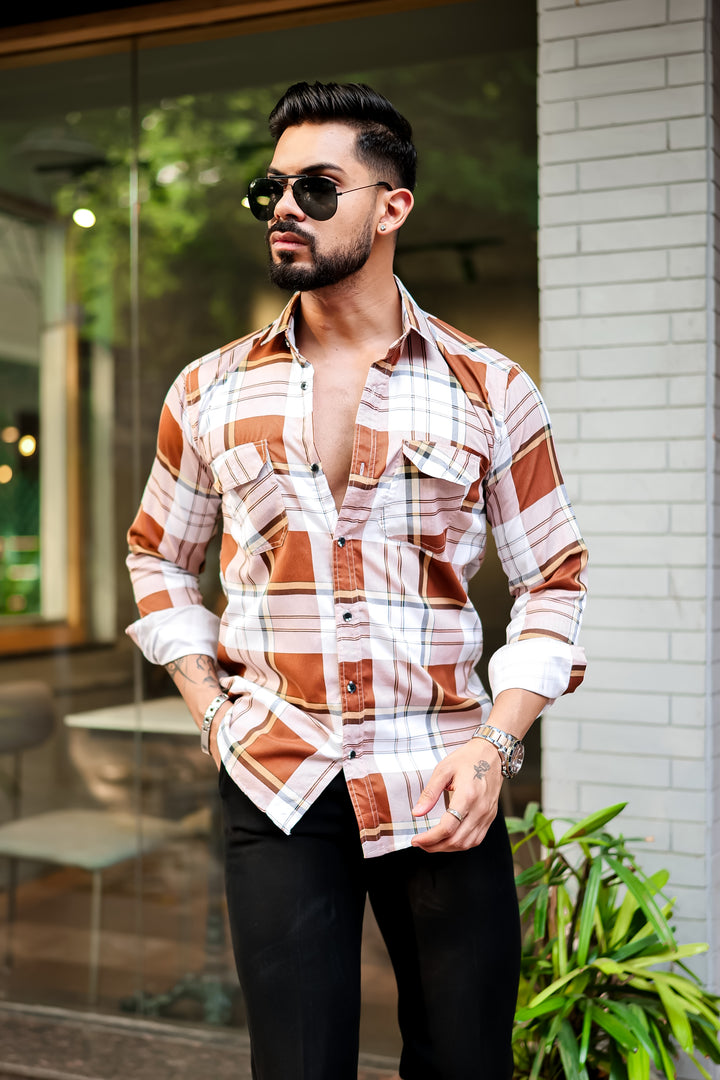 Orange Double Pocket Checkered Shirt