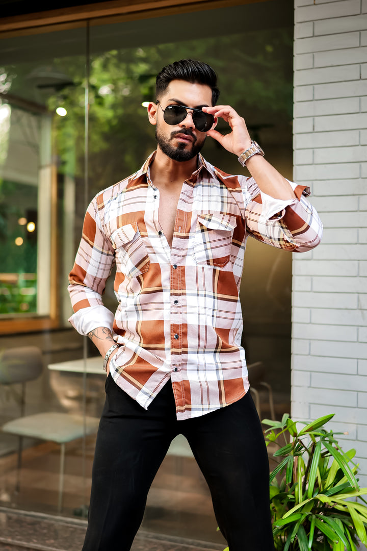 Orange Double Pocket Checkered Shirt