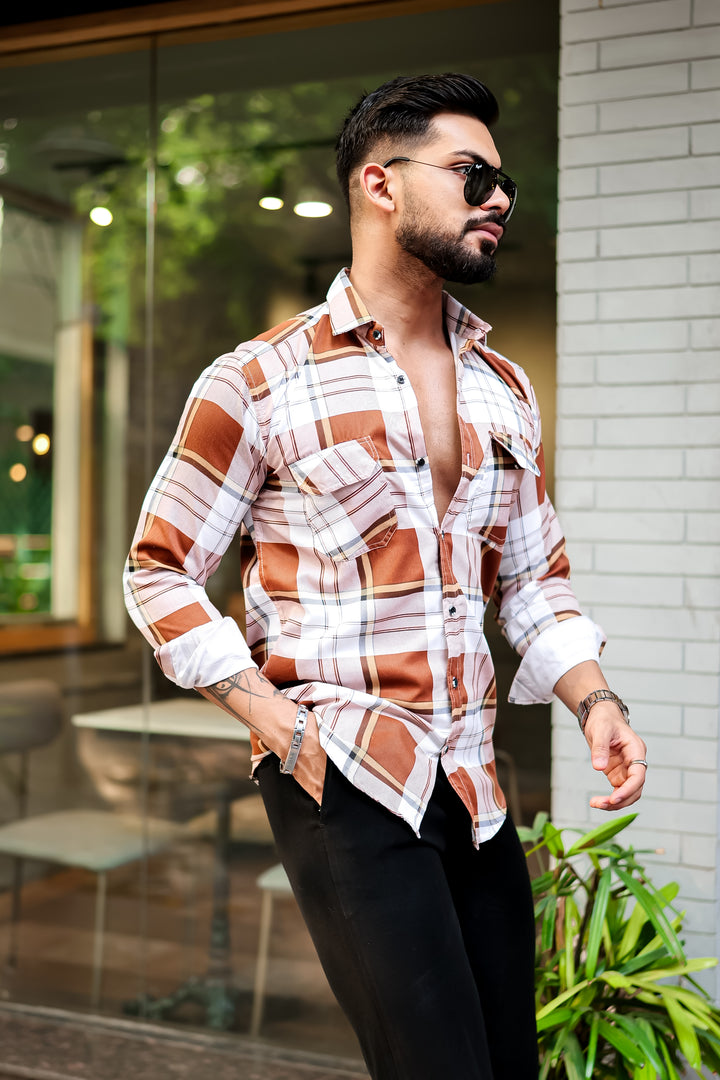 Orange Double Pocket Checkered Shirt