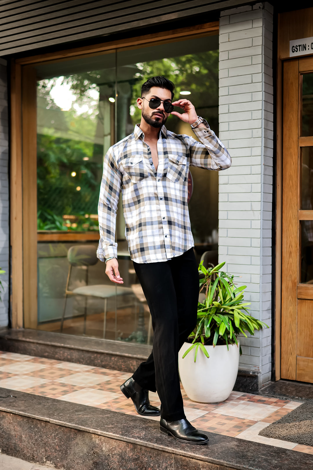 Light Grey Double Pocket Checkered Shirt