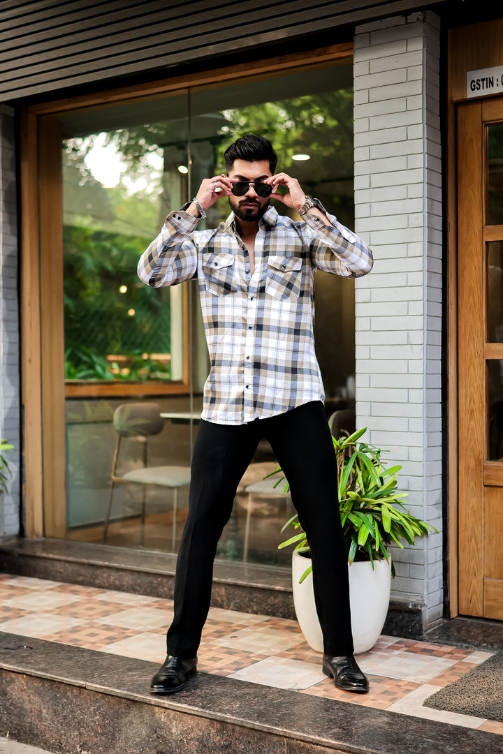 Light Grey Double Pocket Checkered Shirt