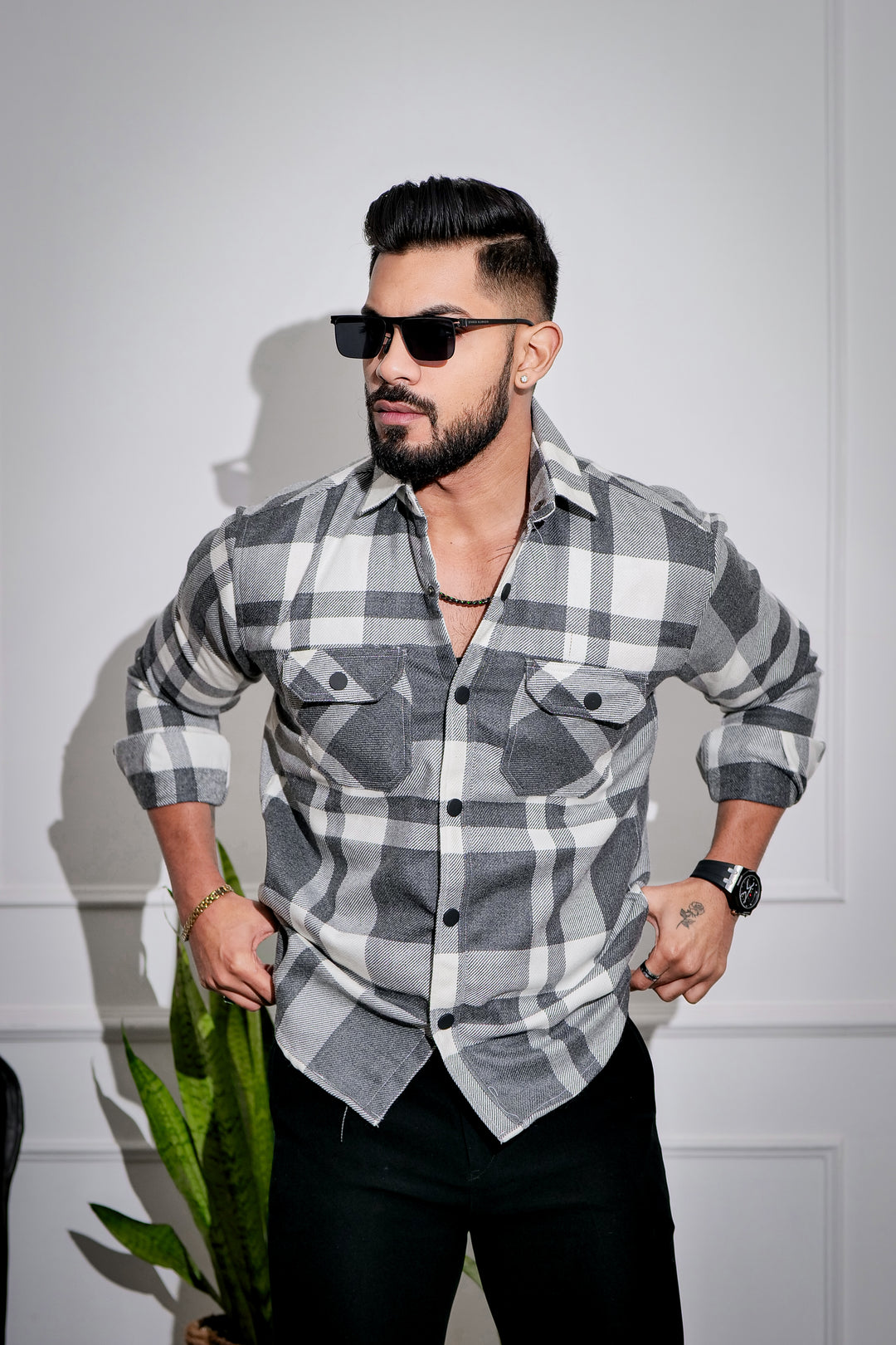 Grey-White Winter Checkered Shirt – Trrendo - Main Image