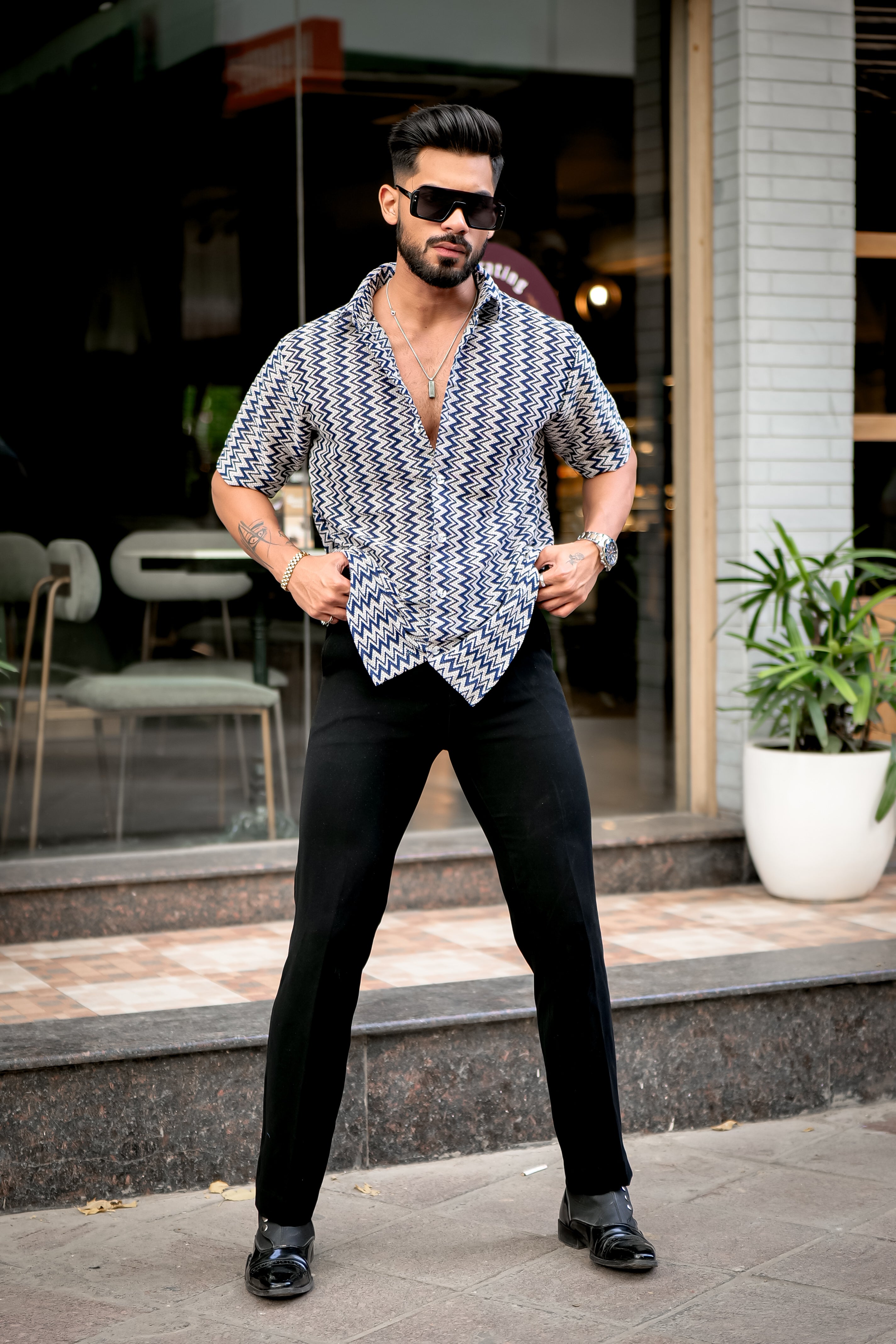 Navy Zig-Zag 1 Striped Crochet Shirt – Trrendo